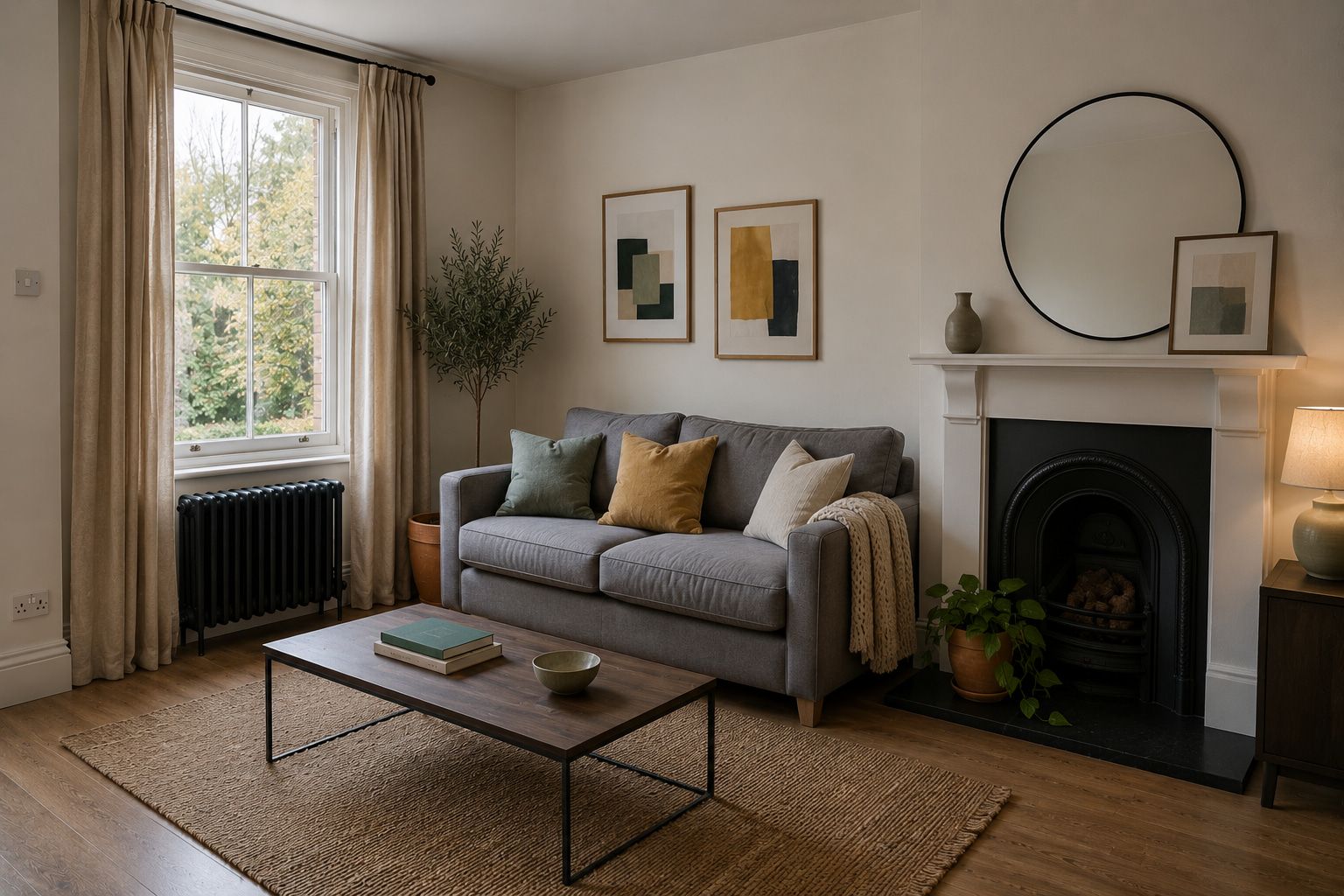 A styled living room in a rental property: grey sofa dressed with sage and mustard cushions, a knitted throw, jute rug, framed prints and a round mirror, staged ready to let.