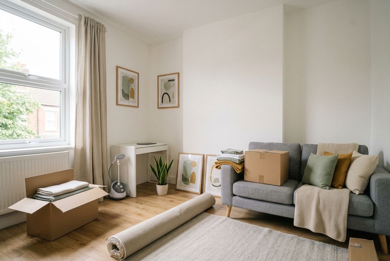 A living room being styled on installation day: open boxes of folded linen, a part-unrolled rug, framed prints waiting to be hung and a sofa half-dressed with cushions and a throw.