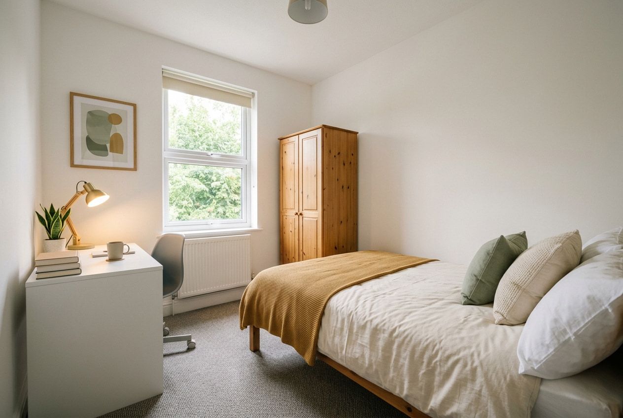 A staged room in a shared HMO: a plain existing bed and desk dressed with fresh linen, a mustard throw, sage and cream cushions, a desk lamp and a framed print, ready to let per room.