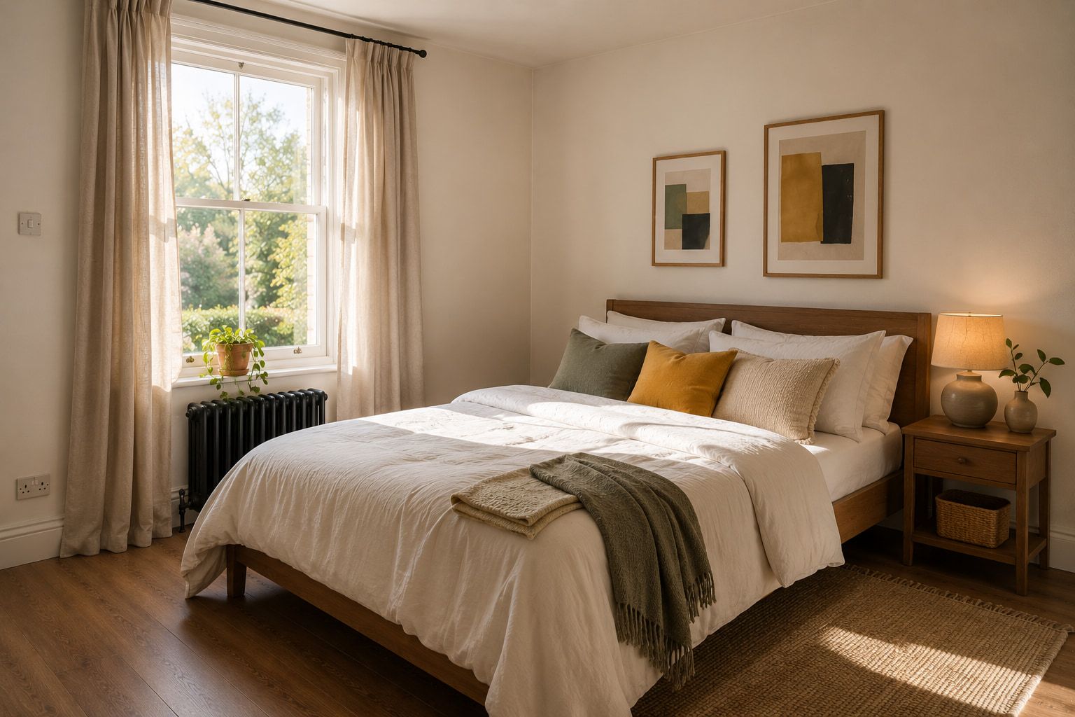A made-up bedroom in a rental property: an existing bed dressed with layered fresh white and cream linen, sage and mustard cushions, a wool throw, framed prints above the headboard and morning light from a sash window.