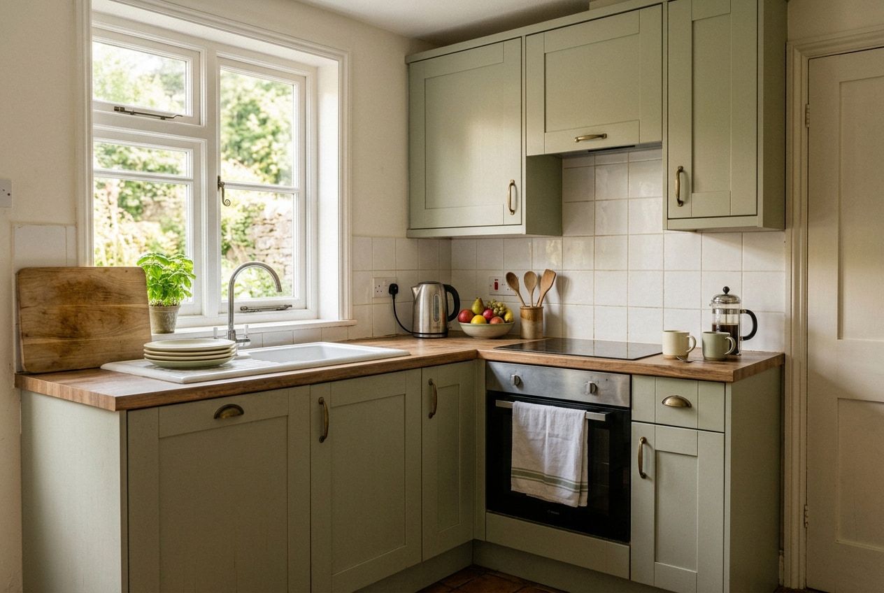 A styled rental kitchen: sage-green shaker units and an oak worktop equipped with a kettle, utensils, crockery, a bowl of fruit, a french press and a herb plant on the windowsill.